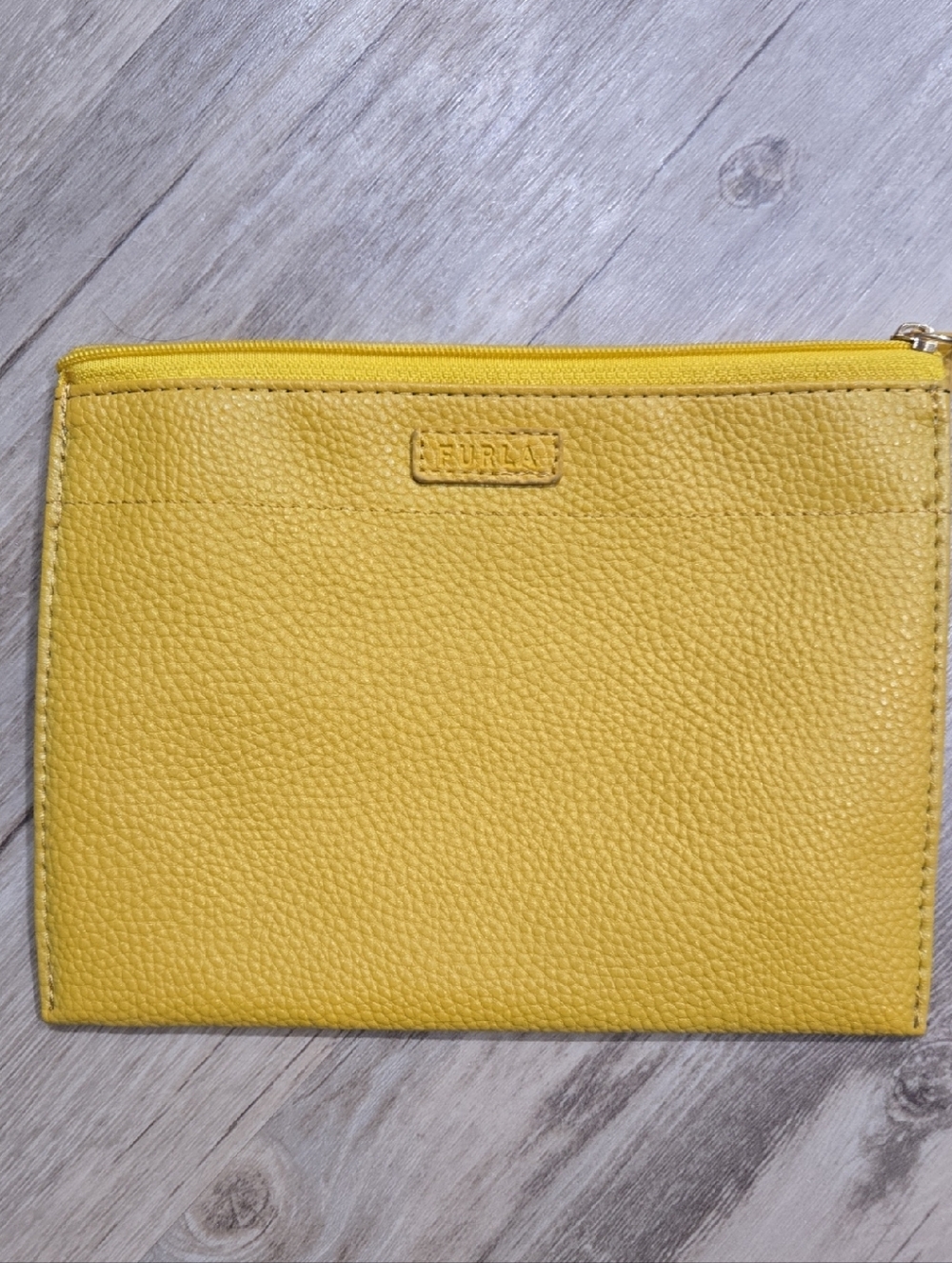 Furla Sunny Yellow Pebbled Leather Zip Pouch Made In Italy.